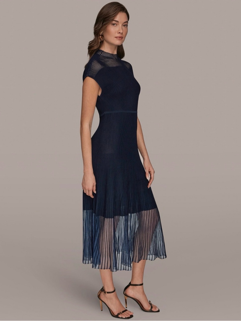 NWT Donna Karan Women's Mock Neck Sheer Yarn Midi Dress. LARGE. Nightfall. $249 - Picture 3 of 12